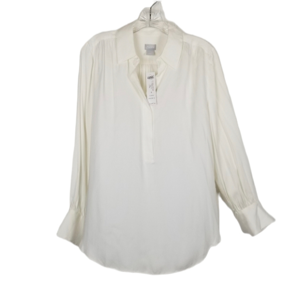 Chico's NWT Blouse Half Placket Feminine Tunic Sandwash Satin Womens Size 1 8/10